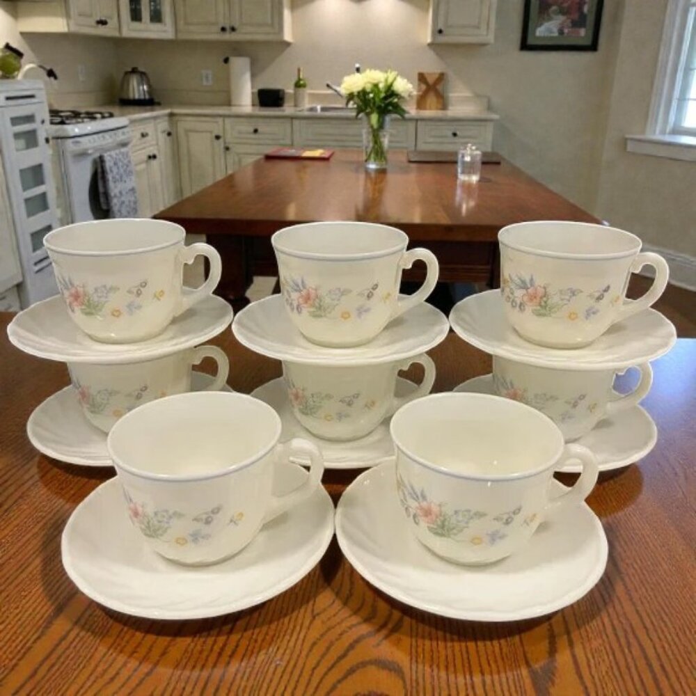 Vintage ARCOPAL France Victoria Floral Milk Glass Tea Cup Saucer | 8 Sets
